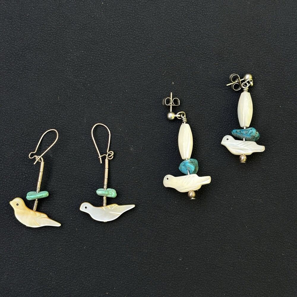 2 Pairs Vintage Sterling MOP Bird Earrings Turquoise Southwest Zuni Style - Picture 2 of 3